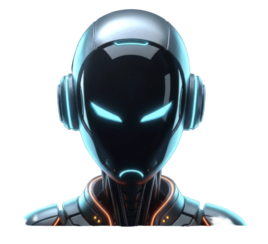 Wardline's sentinel: a chrome robot with glowing cyan eyes